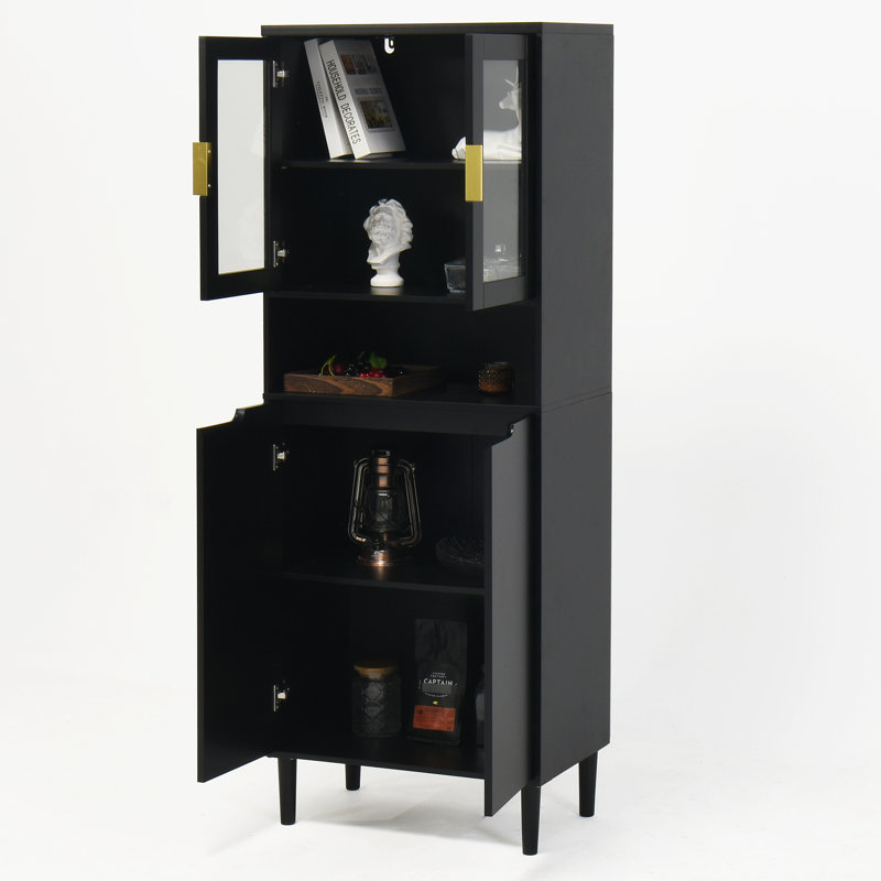 Armoire de rangement haute avec portes vitrées noires en verre trempé, 4 portes, réglable pour chambre à coucher, salon et