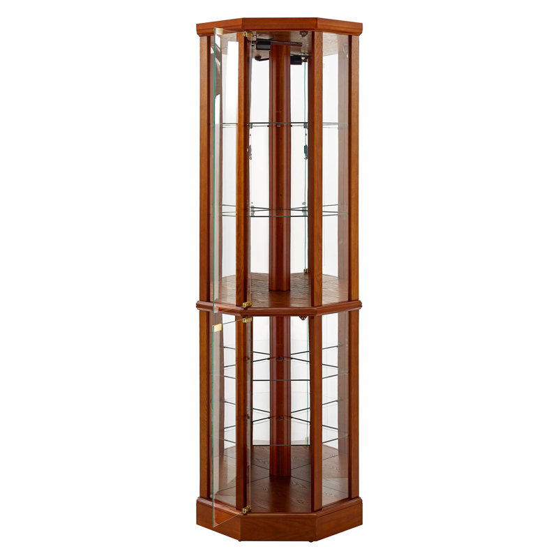 Vitrine de coin éclairée à 6 tablettes avec tablettes réglables en verre trempé et dossier en miroir, chêne (ampoule E26 non incluse)