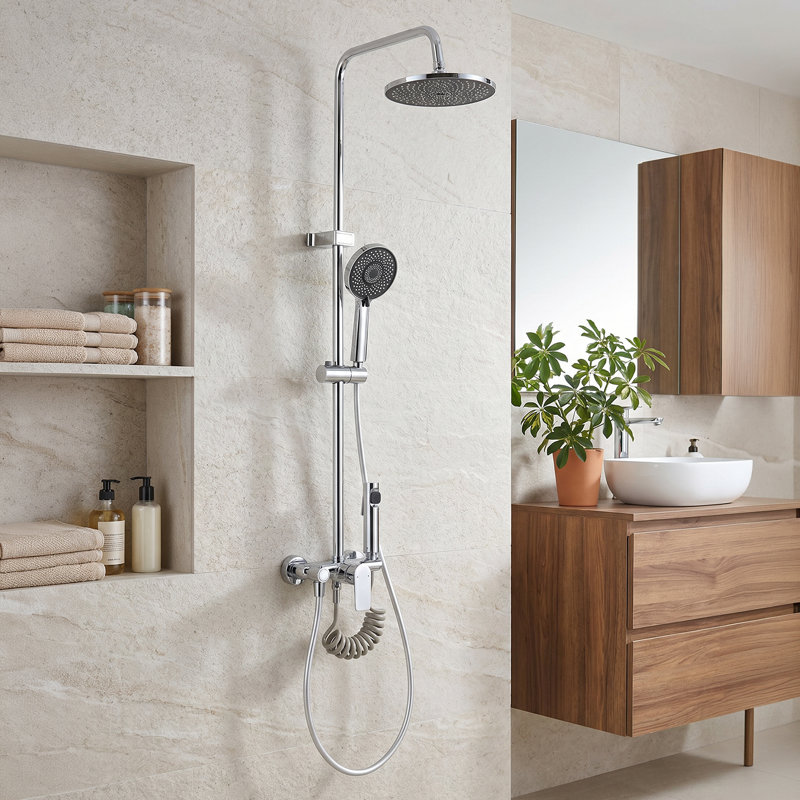 Wall-Mount Bathroom Piano-Key Panel Shower System Set, Chrome