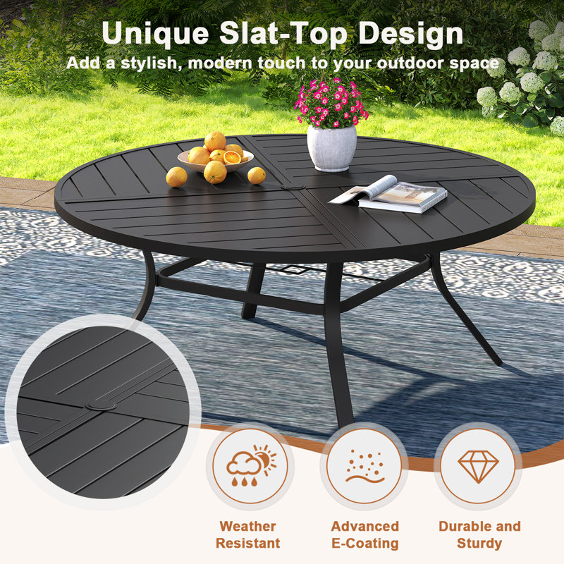 Bustamante Outdoor Round Patio Dining Set with Stackable Textilene Chairs, Black/Blue