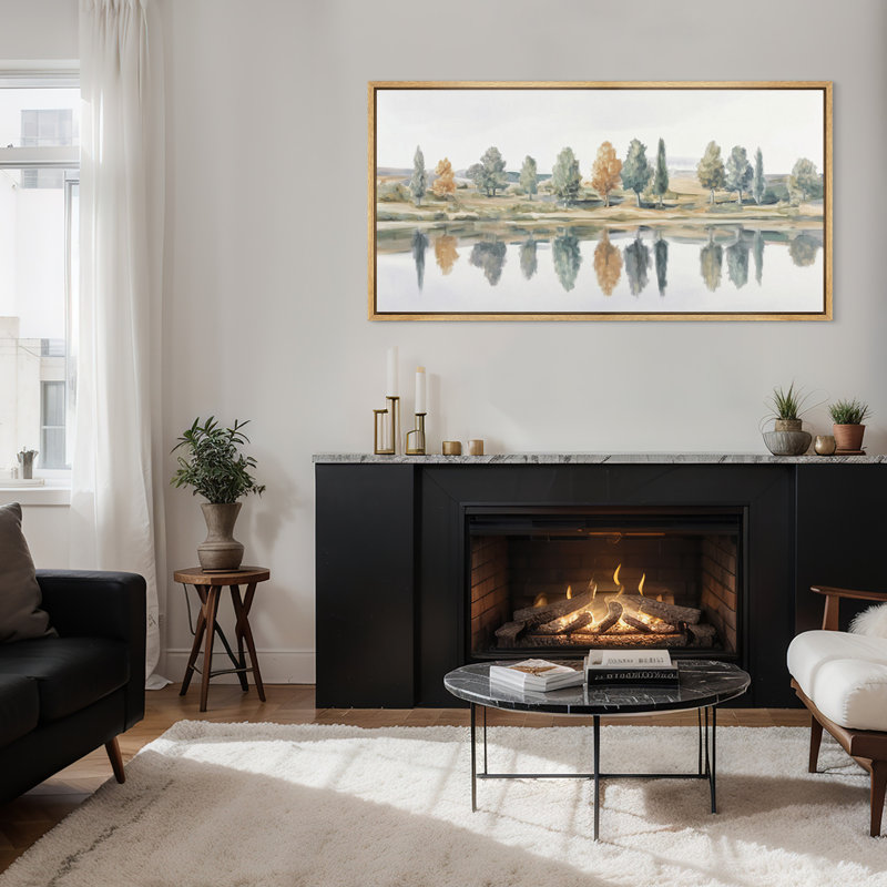 Tranquil Lakeside Landscape with Autumn Trees and Mirror Reflection - Large, impression encadrée sur toile encadrée dans la chambre principale