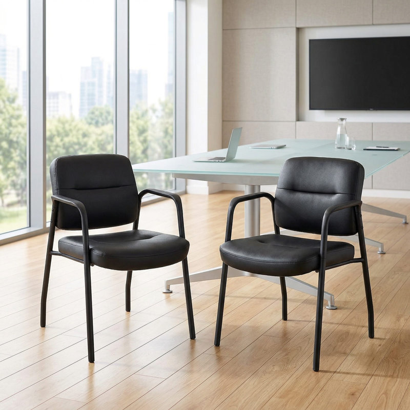 Set Of 2 Upholstered Reception Guest Waiting Room Chairs With Mixed PU Leather And Integrated Padded Armrests For Office Lobby Salon Public Rest Area