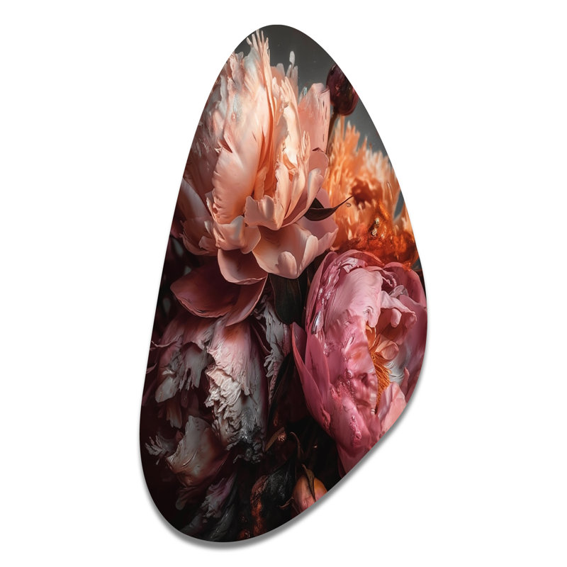 Orange orange, pivoines roses, art mural asymétrique en métal en forme de pivoines, H 31 po x l 17 po