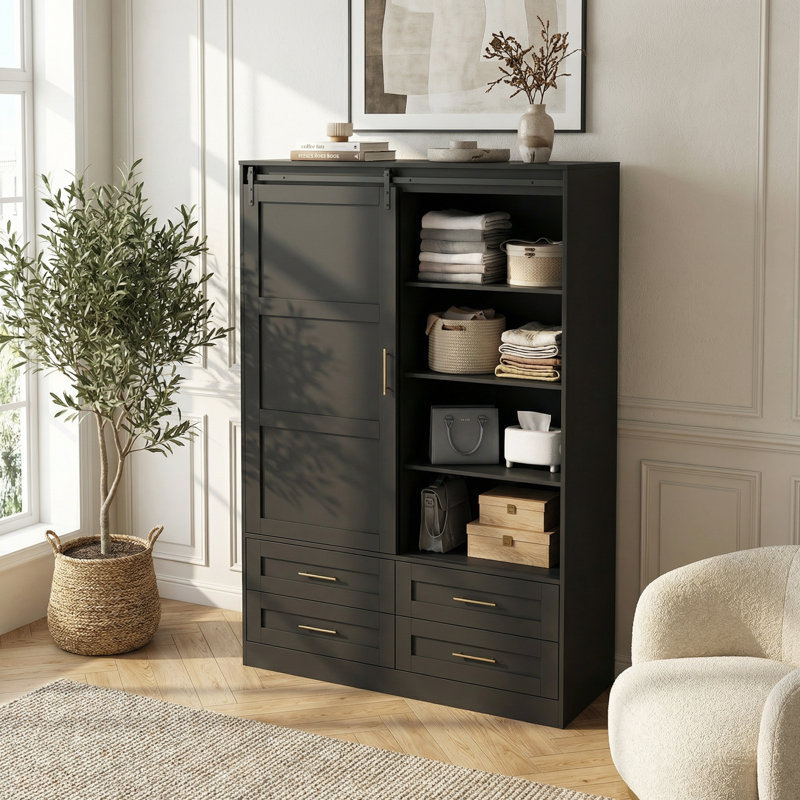 Armoire haute pour chambre avec tringle, tiroirs et tablettes ouvertes pour le rangement des vêtements