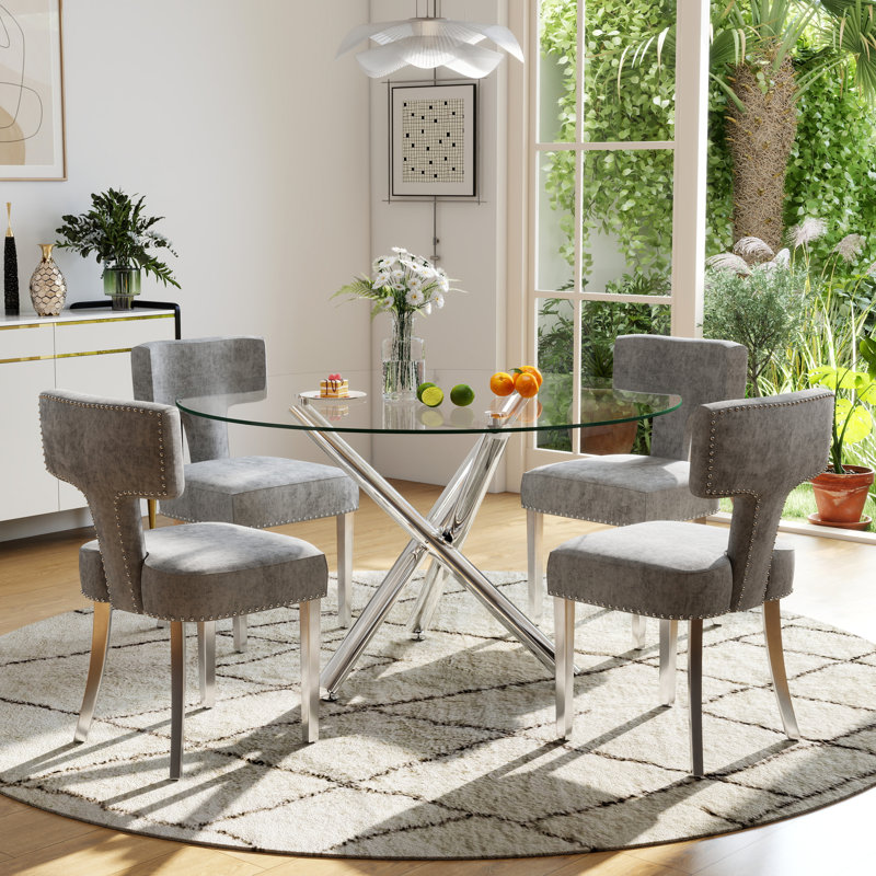 Modern Round Tempered Glass Pedestal Dining Set with Chenille Dininig Chair, 29.9" H x 47" W x 47" D, Gray, Silver
