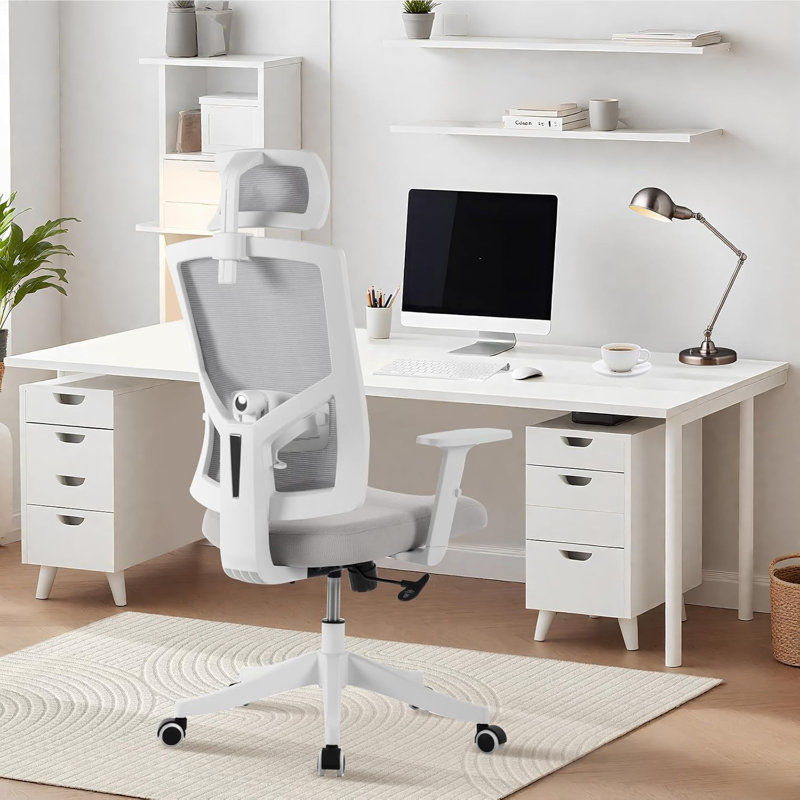 Chaise de bureau ergonomique à haut dossier, support lombaire réglable et appui-tête, Gris