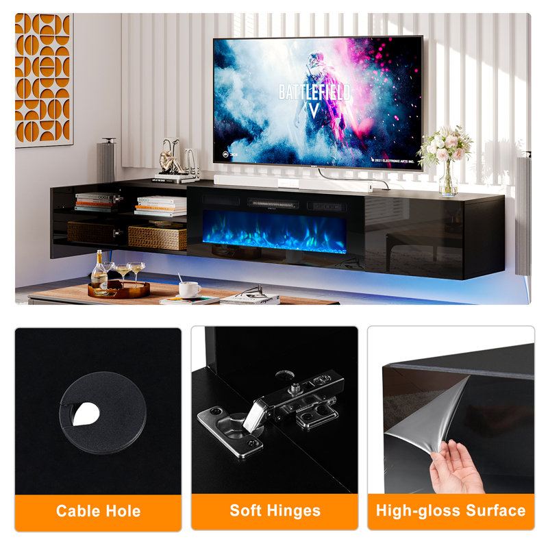80" Floating Fireplace TV Stand For Tvs Up To 90", Wall Mounted Media Console With LED Lights, 17.8”H x 80”L x 14.4”W, Black