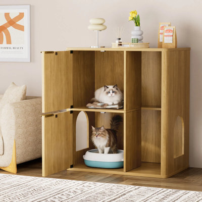 Litière pour chat avec arbre à chat - Meuble de litière dissimulé avec portes à double entrée, poteau à griffes et tablette de rangement, design moderne Mid-Century pour le salon ou la chambre à coucher