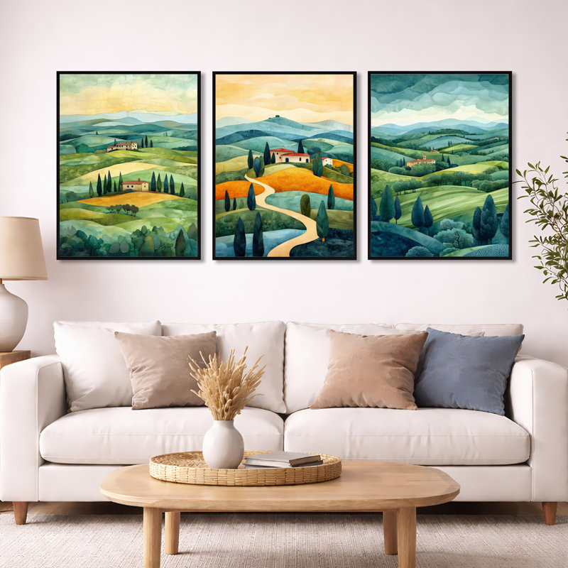 «Summer Tuscan Sunrise Landscape in Italy - Green Landscape», reproduction de toile 3 pièces, Black Floater Framed