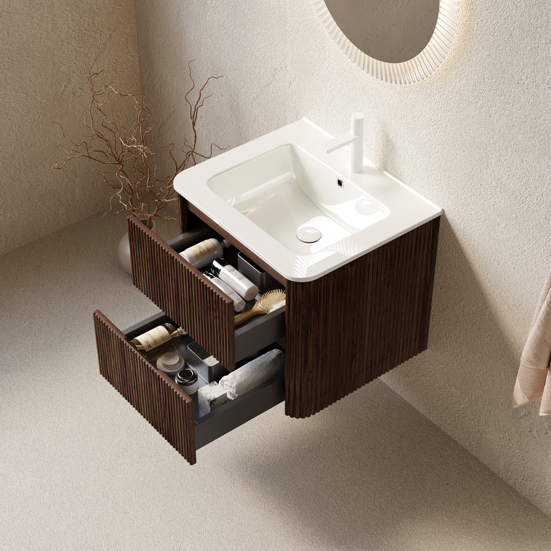 Meuble-lavabo 24 po avec lavabo, 2 tiroirs, céramique blanche, aspect noyer rétro, structure de tiroir stable