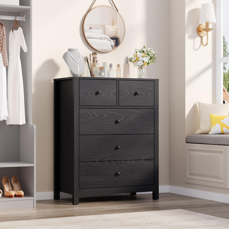Commode 5 tiroirs pour chambre à coucher, grande commode moderne avec tiroirs de rangement, Noir