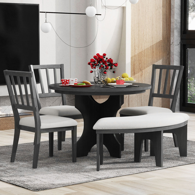 Modern Zanera 5-Piece Dining Table Set, 44" Round Dining Table with Curved Bench & Side Chairs,kitchen table set,dining table set,dining room set