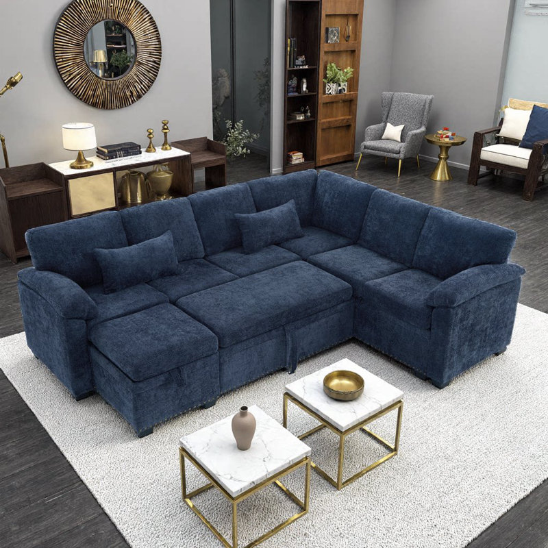 Canapé modulaire en L de 97 po à 7 places avec repose-pieds et coussins de rangement, chenille moderne beige, Bleu très foncé