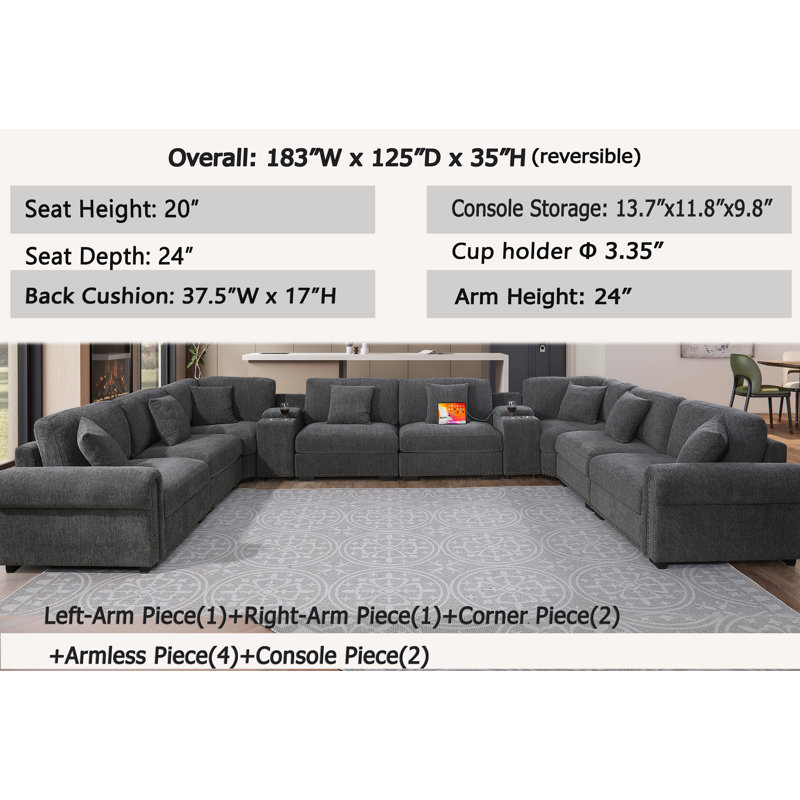Errett Upholstered 13-piece Cloud Extra Large Corner Couch with Two Consoles, Cup Holder&Storage&USB, Dark Gray Polyester