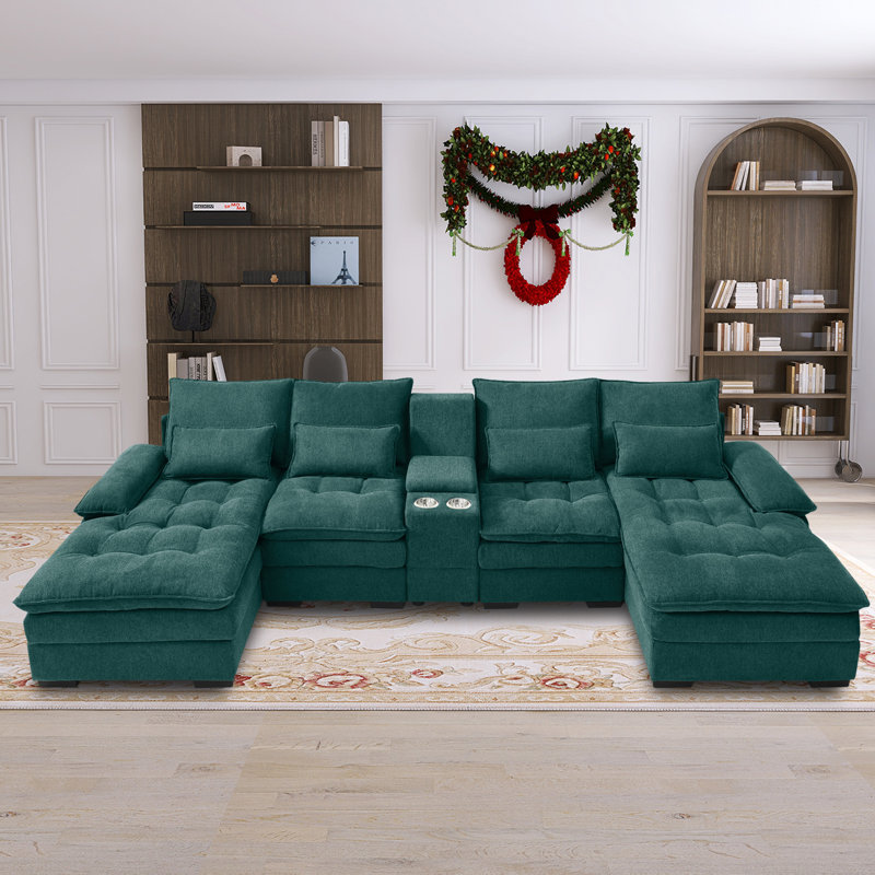 Alhertine Green U-Shape Couch with Comfy Armrests & Seat Sectionals ,Console storage and Cup Holders, Green Linen