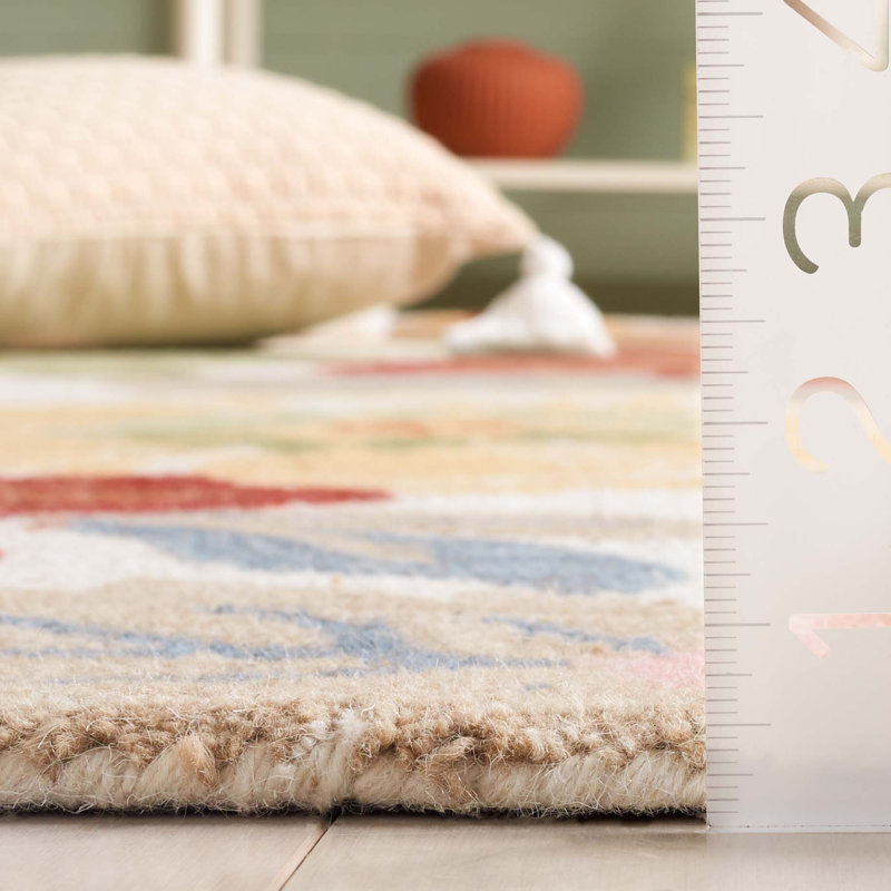 Ivory and Pink Floral Handmade Wool Area Rug, 5' x 8'