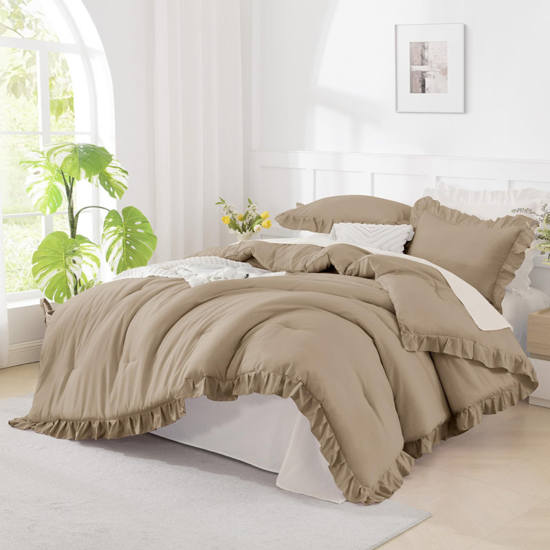 Andency Oversized King Ruffle Comforter Set 120x120, 3 Pieces Taupe Lightweight Fluffy Super King Bedding Set, Shabby Chic Famhouse All Season Bed Set for Girls Women