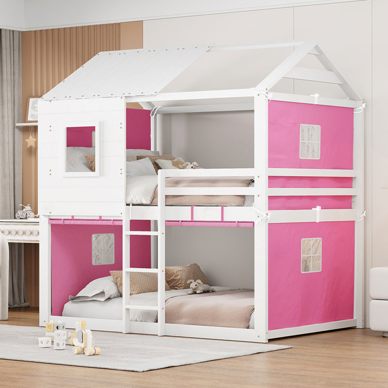 Lit double en bois avec tente, Rose