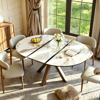 47"-63" Round Extendable Dining Table, Modern Round Dining Table For 4-6 Person, Sintered Stone Dining Table With Pedestal Base