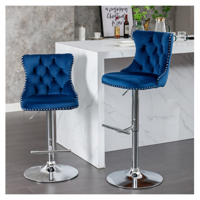  Ensemble de 2 tabourets de bar pivotants en velours, hauteur de siège réglable de 25 à 33 pouces, tabourets de bar modernes à base chromée avec dossier capitonné, bleu pour bistro et îlot de cuisine
