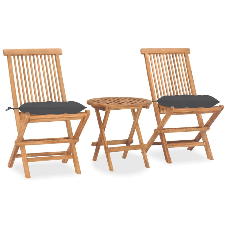Ensemble de salle à manger pliable 3 pièces Latitude Run® avec coussin en bois de teck massif, Anthracite