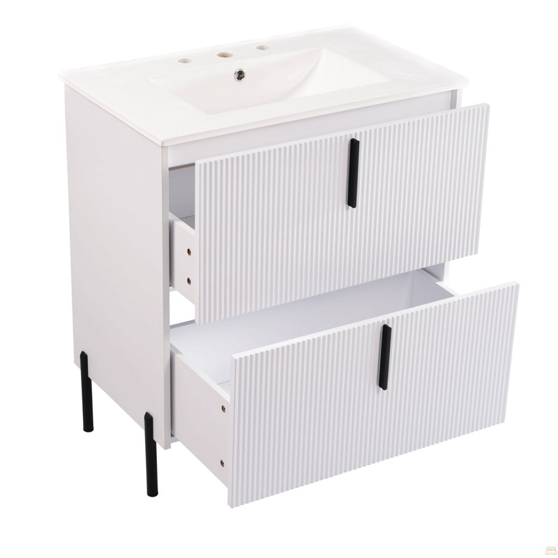Meuble-lavabo 30 po avec lavabo en céramique et tiroirs pleine extension, glissières de tiroir encastrées à fermeture en douceur, conception cannelée, blanc