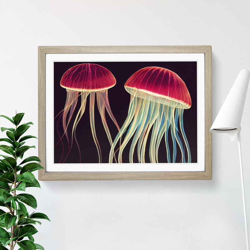 Two Jellyfish - Single Picture Frame Print, Oak, 46cm H x 64cm W x 2cm D