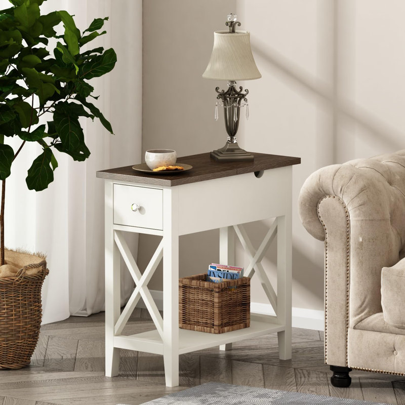 23.6" H End Table with Drawer and Additional Storage Space, Brown/Antique White