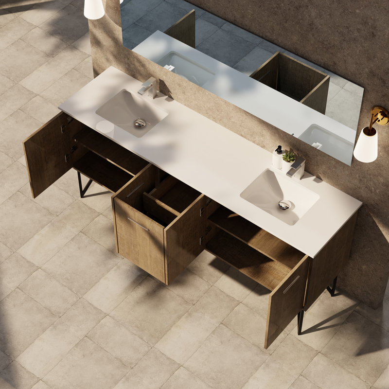 Dessus de meuble-lavabo double avec miroir l 80 po x P 20 po Lancy, Marbre de culture blanc