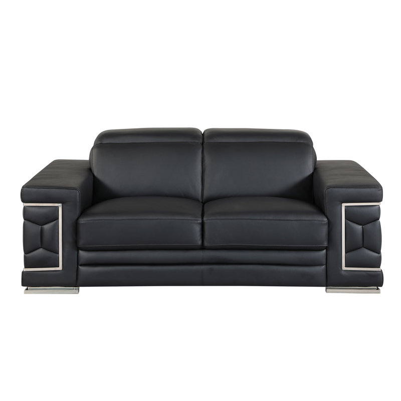 Canapé en cuir italien Aiesrom, Cuir véritable noir, H 38 po x l 71 po x P 41 po