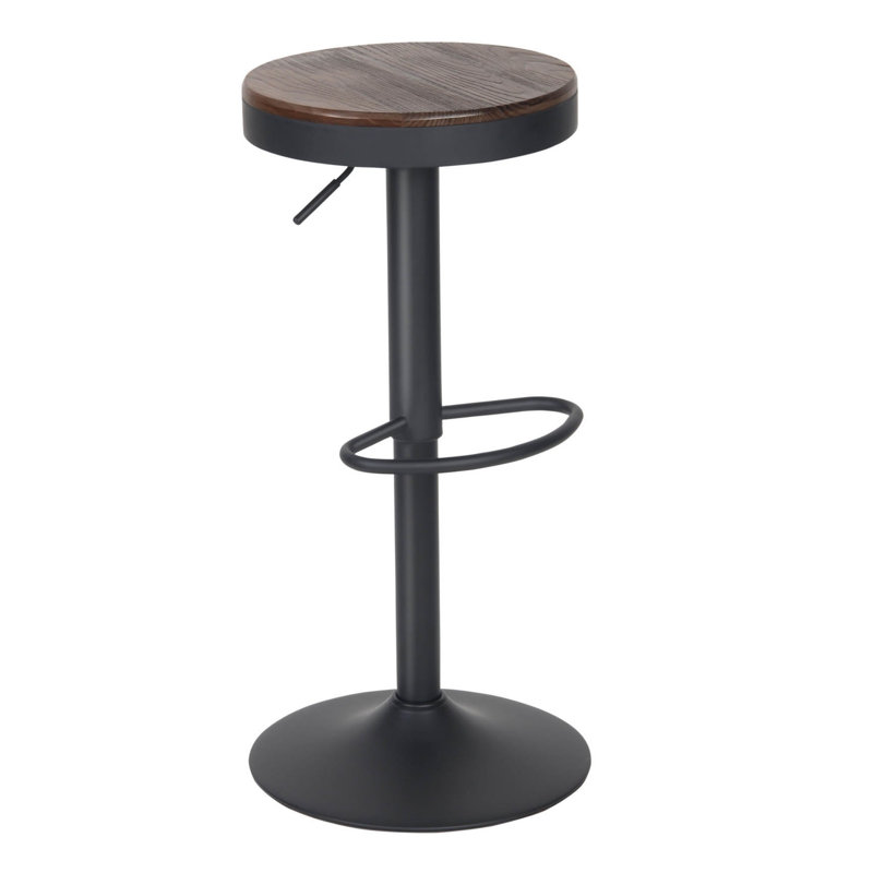 Swivel Wood Seat Bar Stools Adjustable-Height Backless Counter Stool With Metal Frame, Walnut Seat / Black Frame
