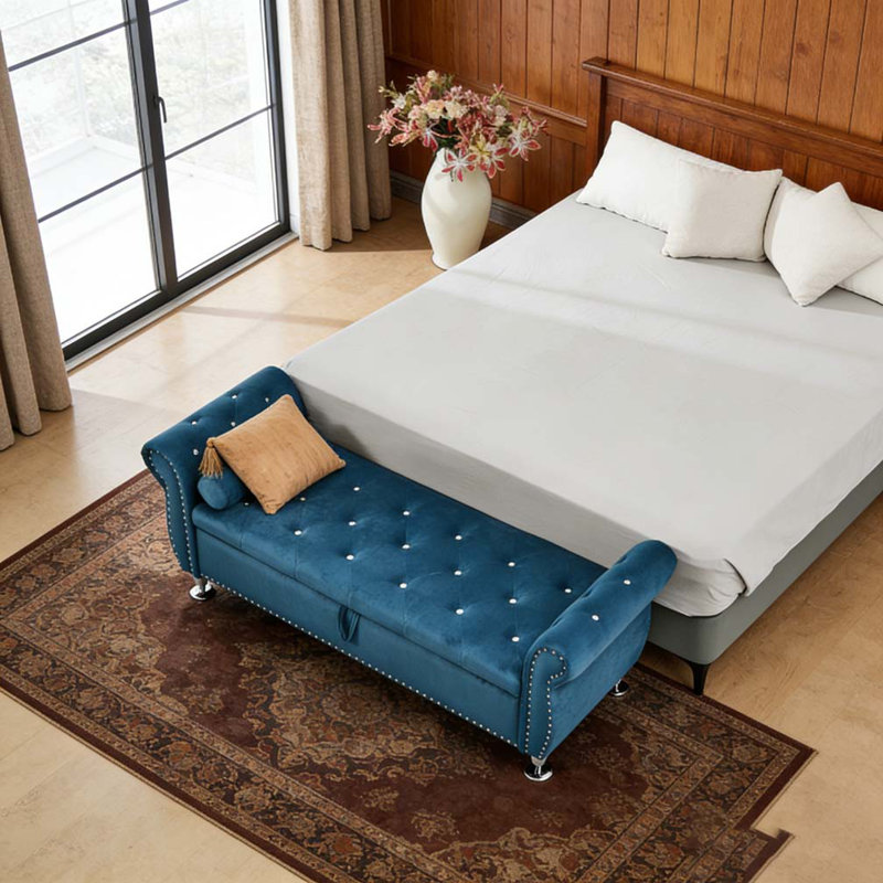 62.2 Inch Soft Velvet Storage Bench, Blue