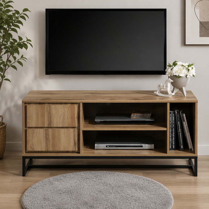 Meuble télé/console multimédia de style moderne du milieu du siècle avec plusieurs compartiments de rangement