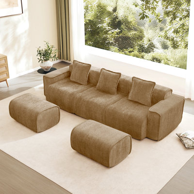 Canapé modulaire modulaire à 3 places en forme de U avec passepoil à bordure française, aucun assemblage requis, canapé à 3 places avec coussins décoratifs et 2 repose-pieds mobiles, tissu en velours brun