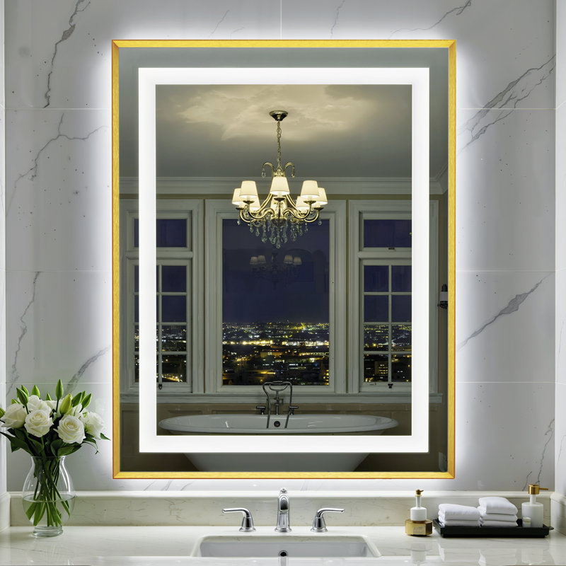 Miroir de salle de bain à DEL pour salle de bain, Gold, 35,433 po x 27,59 po, Rectangulaire