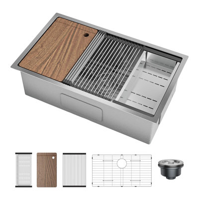 Stainless Steel Undermount Single Bowl Sink with Ledge & Accessories for Workstation, Prep Kitchen