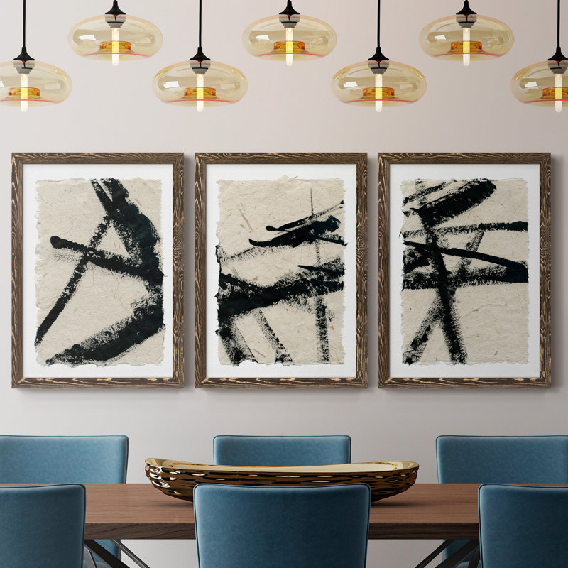 «Lines Crossed I», ensemble de 3 peintures sur toile encadrées, H 20 po x l 51 po x P 1,5 po, Noyer