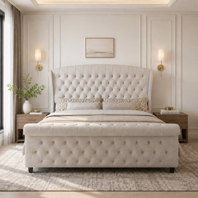 Chenille Upholstered Sleigh King Bed With Button Tufting And Scroll Accents, Cream