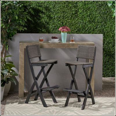 41.75" Outdoor Folding Acacia Wood Barstools With PE Rattan Backrest And Seat (Set Of 2)