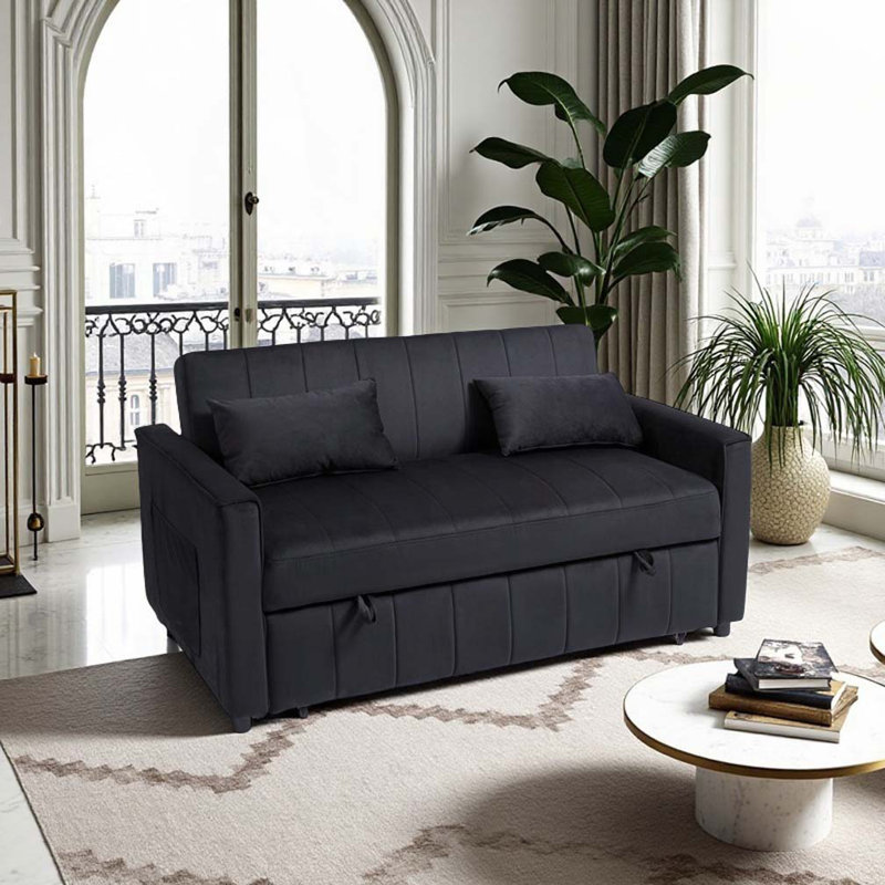 Lit escamotable en velours avec dossier ajustable et coussins, Noir