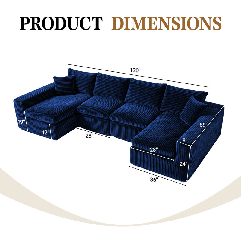 Canapé modulaire en U de 130 po en forme de U, canapé modulaire moderne en forme de U, canapé-lit en velours côtelé à assise profonde pour le salon, aucun assemblage requis