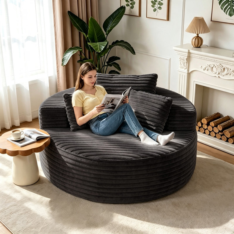 Fauteuil lounge rond surdimensionné de 140 cm en velours côtelé, canapé sans structure avec coussin, aucun assemblage requis - Gris foncé