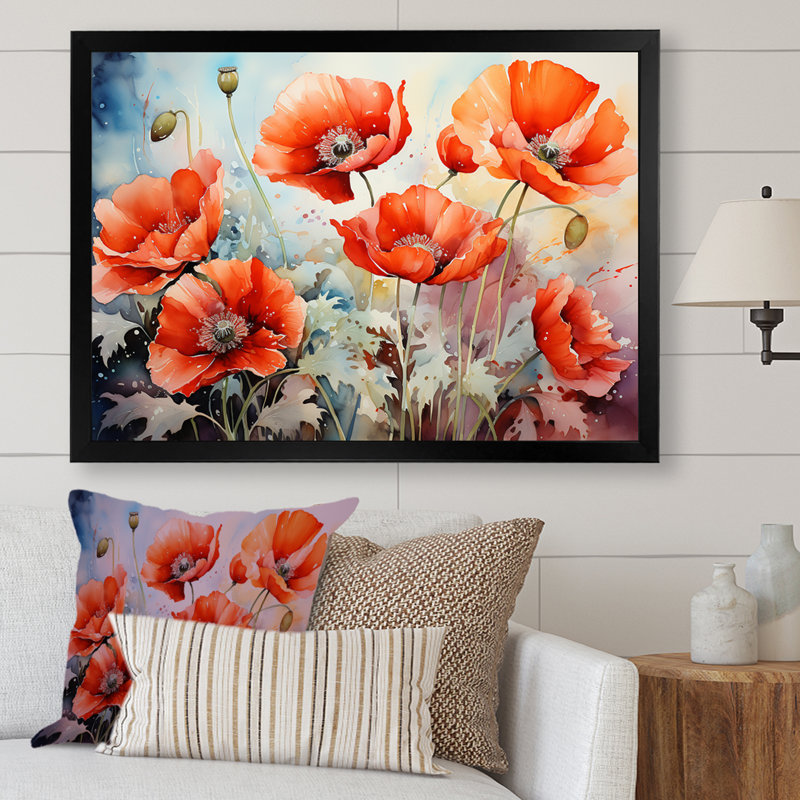 «Red and Green Poppy Reverie II», art mural coquelicots, Cadre d'angle fermé noir, H 24 po x l 32 po x P 1 po