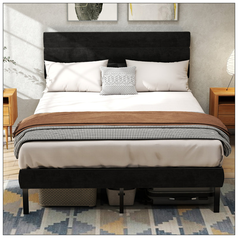 Grand lit plateforme tapissier avec rangement, Noir, Grand