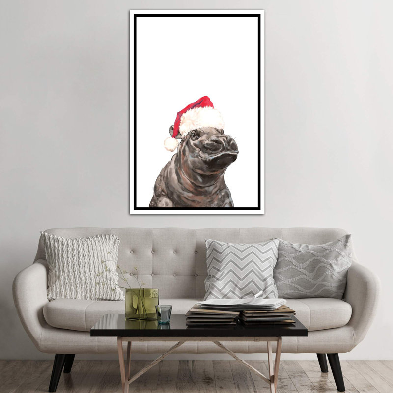 «Christmas Baby Hippo» par Big Nose Work - impression d'art graphique, H 60 po x l 40po x P 1,5 po, Toile blanche encadrée