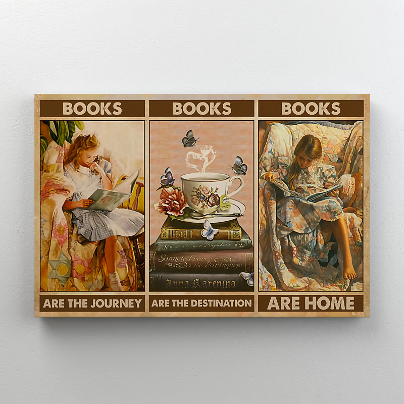 Filles lisant des livres avec du thé - peinture sur toile tendue, H 11 po x l 14 po x P 2 po