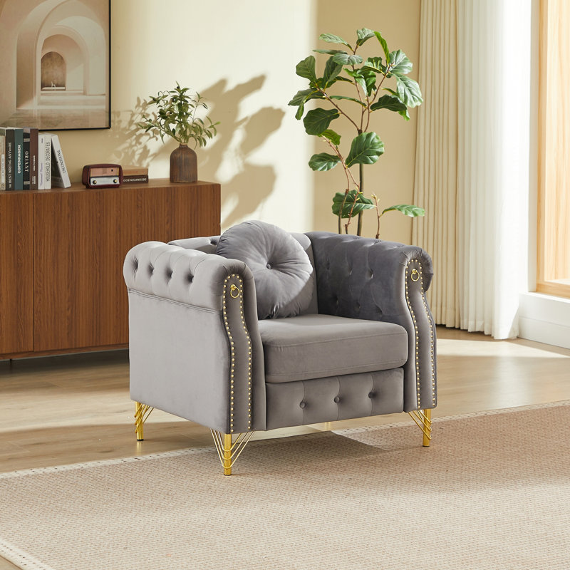 Canapé Chesterfield en velours avec coussins ronds, Grey
