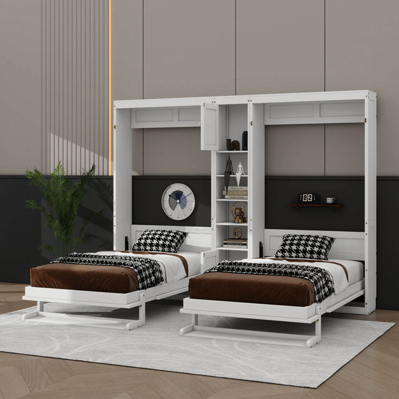 Lits simples escamotables doubles avec armoires et tablettes, Blanc