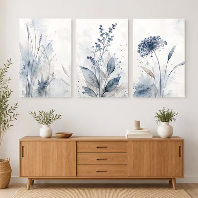 Ensemble de 3 toiles modernes à l'aquarelle bleue, motif de feuilles, montées sur châssis, pour salle de bain, 40 x 90 cm (16 x 36 pouces).