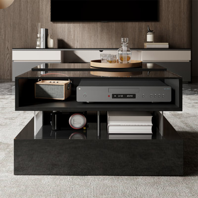 Table basse haute brillance avec plateau relevable, tiroir et DEL